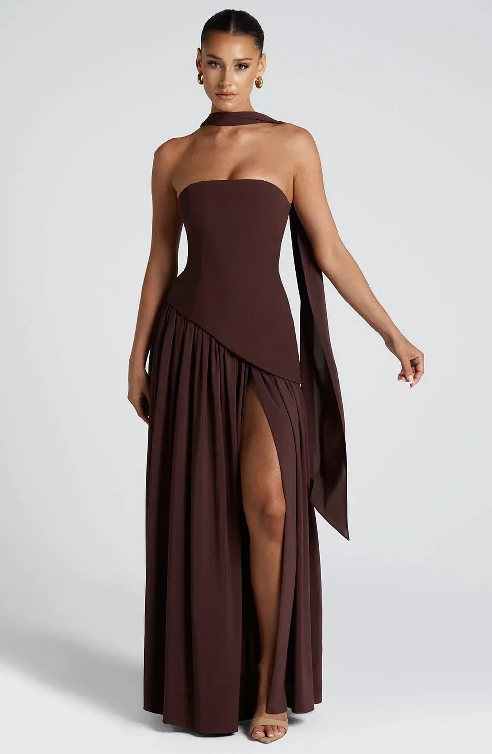 Asymmetric Draped Maxi Dress with Halter Scarf Detail & Front Slit