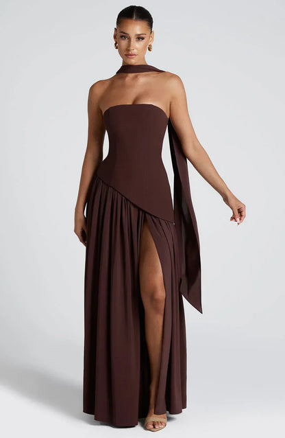 Asymmetric Draped Maxi Dress with Halter Scarf Detail & Front Slit