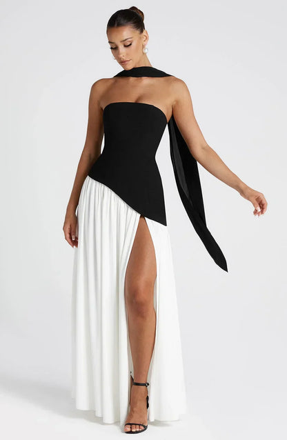 Asymmetric Draped Maxi Dress with Halter Scarf Detail & Front Slit