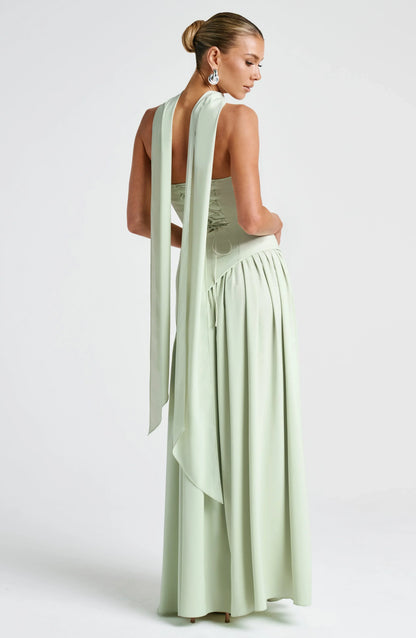 Asymmetric Draped Maxi Dress with Halter Scarf Detail & Front Slit