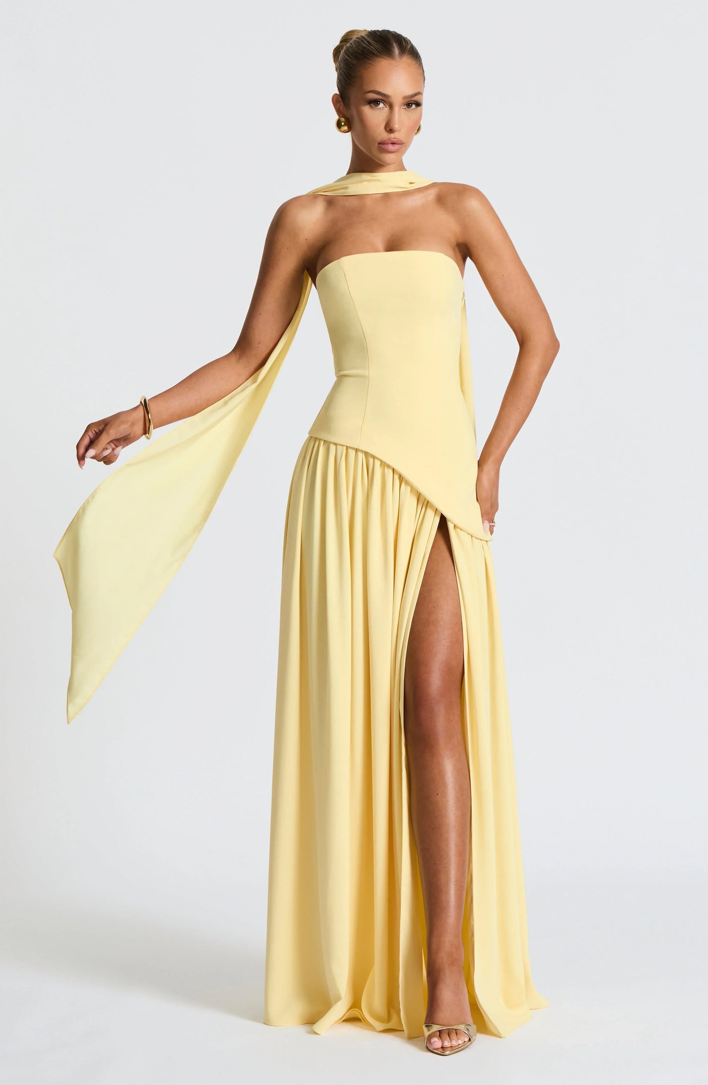 Asymmetric Draped Maxi Dress with Halter Scarf Detail & Front Slit