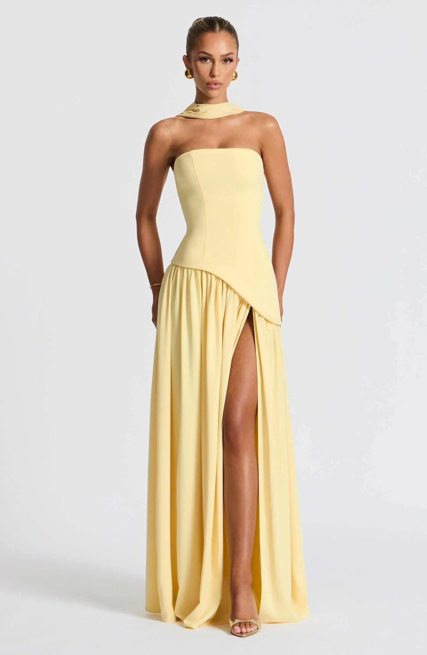Asymmetric Draped Maxi Dress with Halter Scarf Detail & Front Slit
