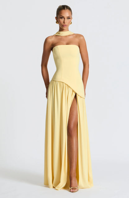 Asymmetric Draped Maxi Dress with Halter Scarf Detail & Front Slit