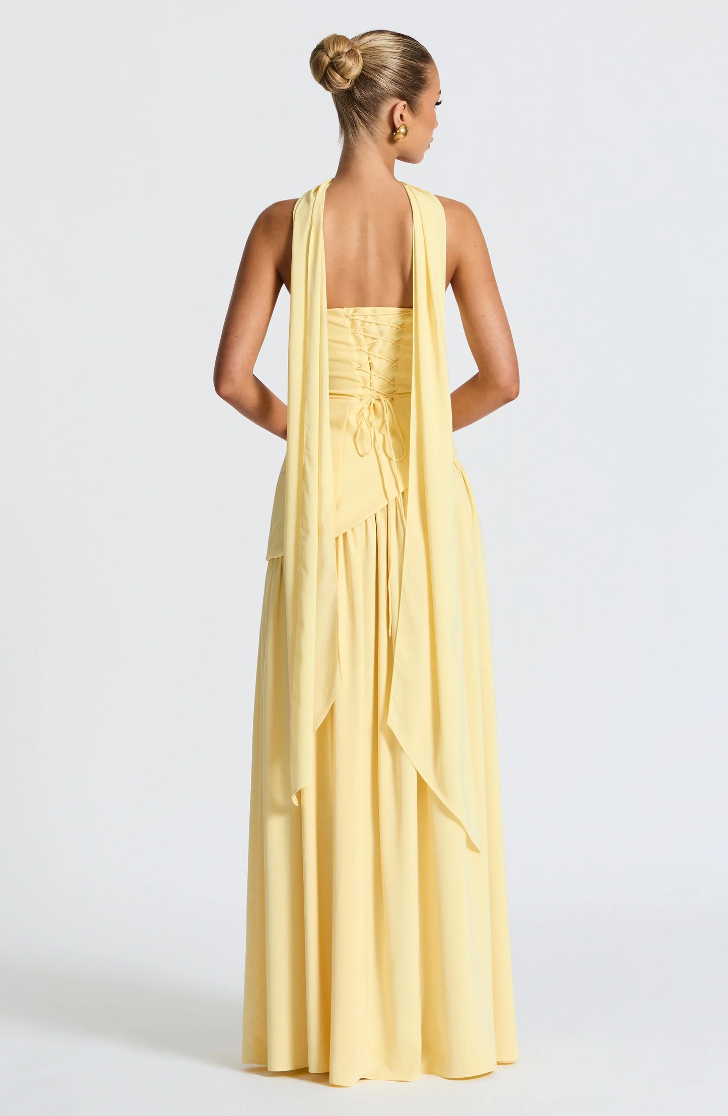 Asymmetric Draped Maxi Dress with Halter Scarf Detail & Front Slit