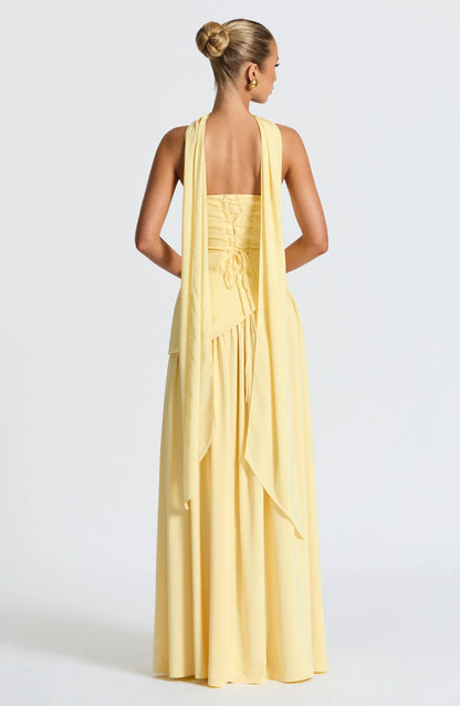 Asymmetric Draped Maxi Dress with Halter Scarf Detail & Front Slit