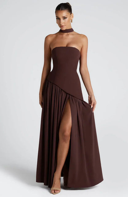 Asymmetric Draped Maxi Dress with Halter Scarf Detail & Front Slit