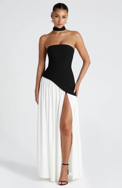 Asymmetric Draped Maxi Dress with Halter Scarf Detail & Front Slit