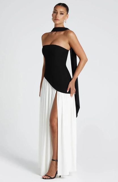 Asymmetric Draped Maxi Dress with Halter Scarf Detail & Front Slit