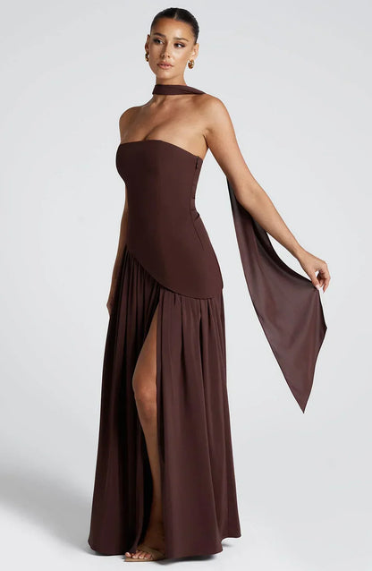 Asymmetric Draped Maxi Dress with Halter Scarf Detail & Front Slit