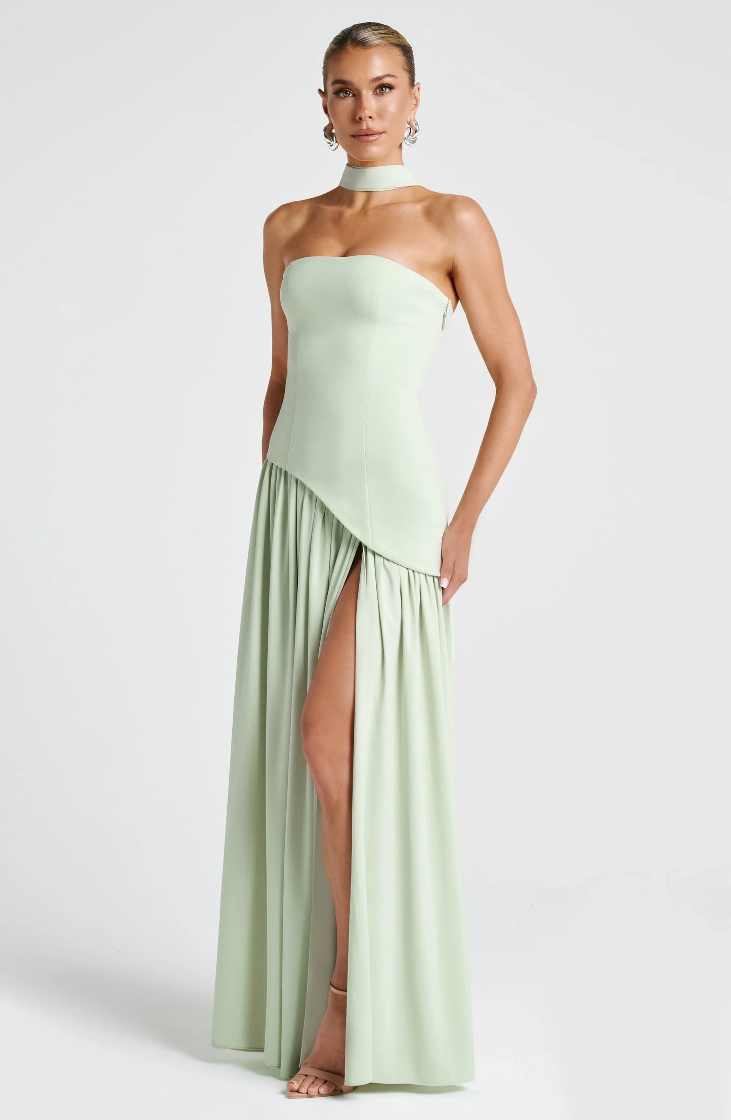 Asymmetric Draped Maxi Dress with Halter Scarf Detail & Front Slit