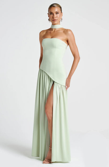 Asymmetric Draped Maxi Dress with Halter Scarf Detail & Front Slit