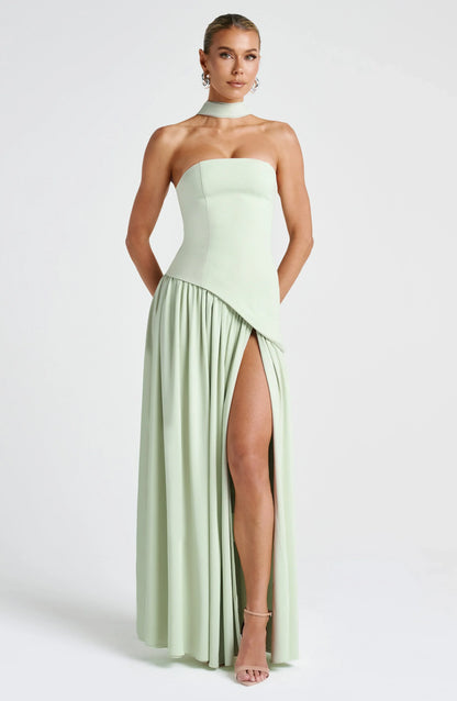 Asymmetric Draped Maxi Dress with Halter Scarf Detail & Front Slit