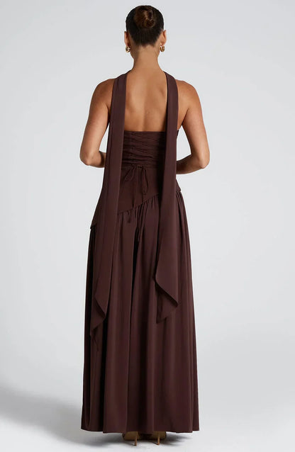 Asymmetric Draped Maxi Dress with Halter Scarf Detail & Front Slit