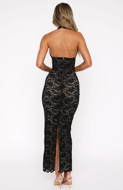 Lace Halter Neck Backless Maxi Dress with Back Slit
