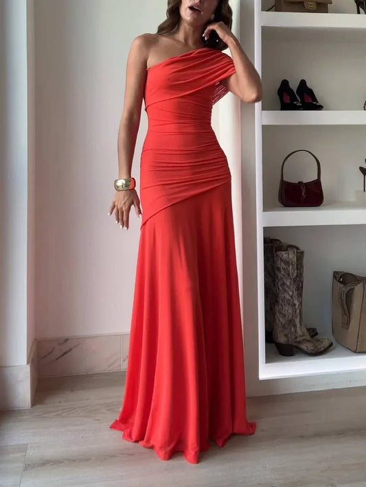 Women’s One Shoulder Ruched Maxi Evening Dress with Elegant Slim Fit