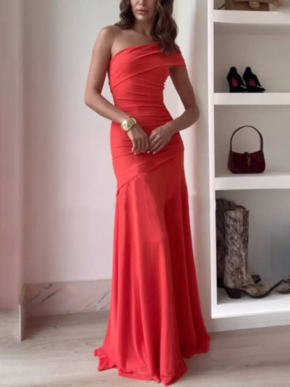 Women’s One Shoulder Ruched Maxi Evening Dress with Elegant Slim Fit