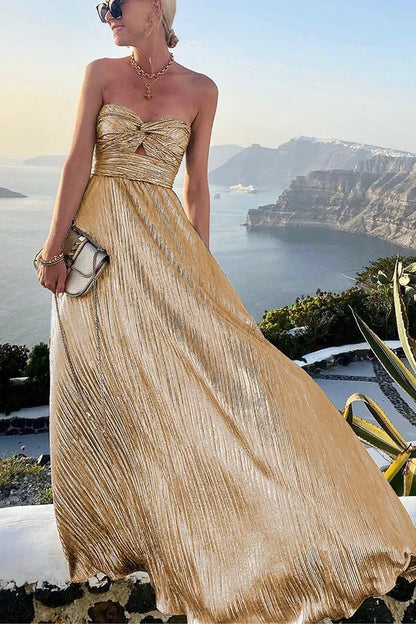 Women’s Strapless Pleated Maxi Evening Dress with Flowy Silhouette