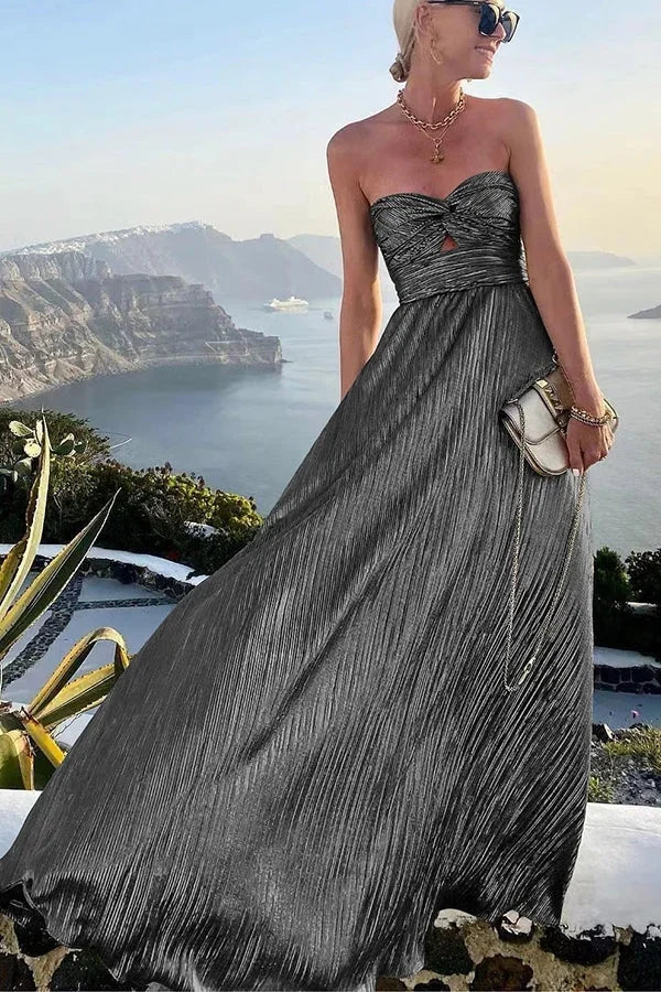 Women’s Strapless Pleated Maxi Evening Dress with Flowy Silhouette