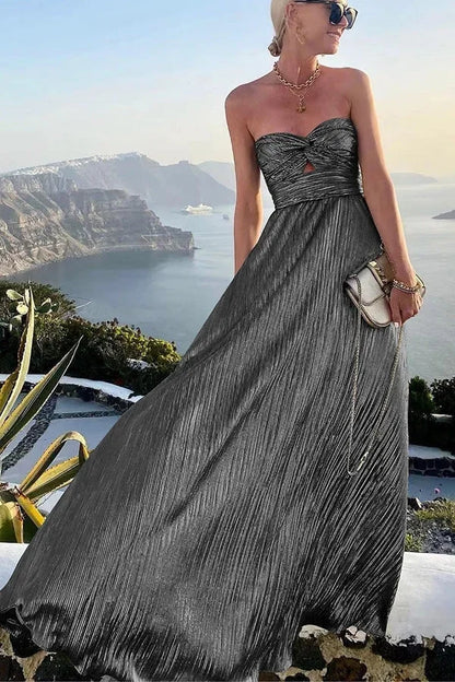 Women’s Strapless Pleated Maxi Evening Dress with Flowy Silhouette