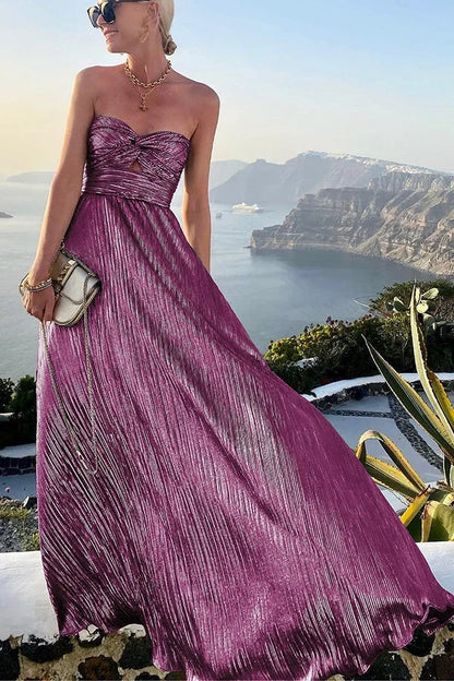 Women’s Strapless Pleated Maxi Evening Dress with Flowy Silhouette