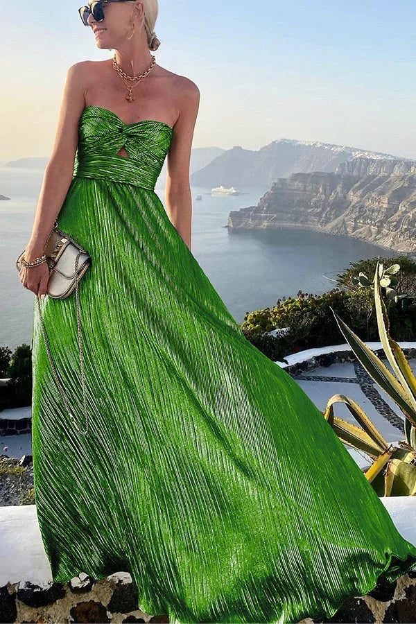 Women’s Strapless Pleated Maxi Evening Dress with Flowy Silhouette