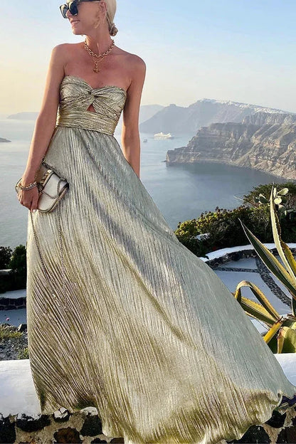 Women’s Strapless Pleated Maxi Evening Dress with Flowy Silhouette