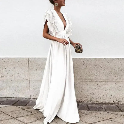 Women’s Elegant Ruffle Sleeve Deep V-Neck Maxi Dress