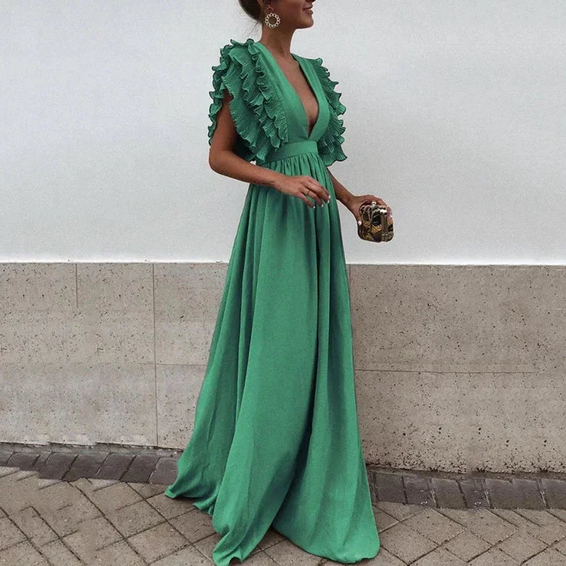 Women’s Elegant Ruffle Sleeve Deep V-Neck Maxi Dress