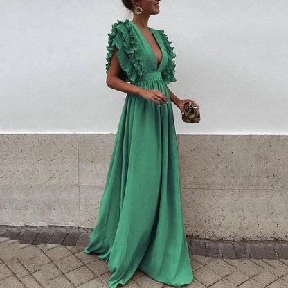 Women’s Elegant Ruffle Sleeve Deep V-Neck Maxi Dress
