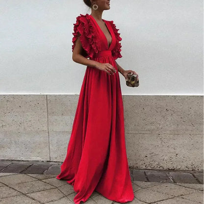 Women’s Elegant Ruffle Sleeve Deep V-Neck Maxi Dress