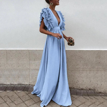 Women’s Elegant Ruffle Sleeve Deep V-Neck Maxi Dress