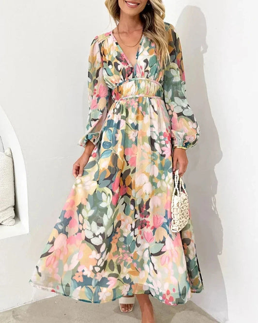 Women’s Floral V-Neck Maxi Dress with Flowing Long Sleeves