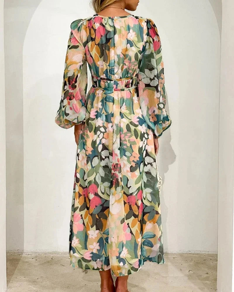 Women’s Floral V-Neck Maxi Dress with Flowing Long Sleeves