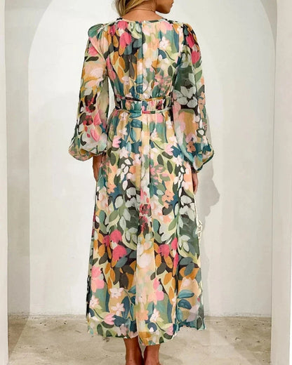 Women’s Floral V-Neck Maxi Dress with Flowing Long Sleeves