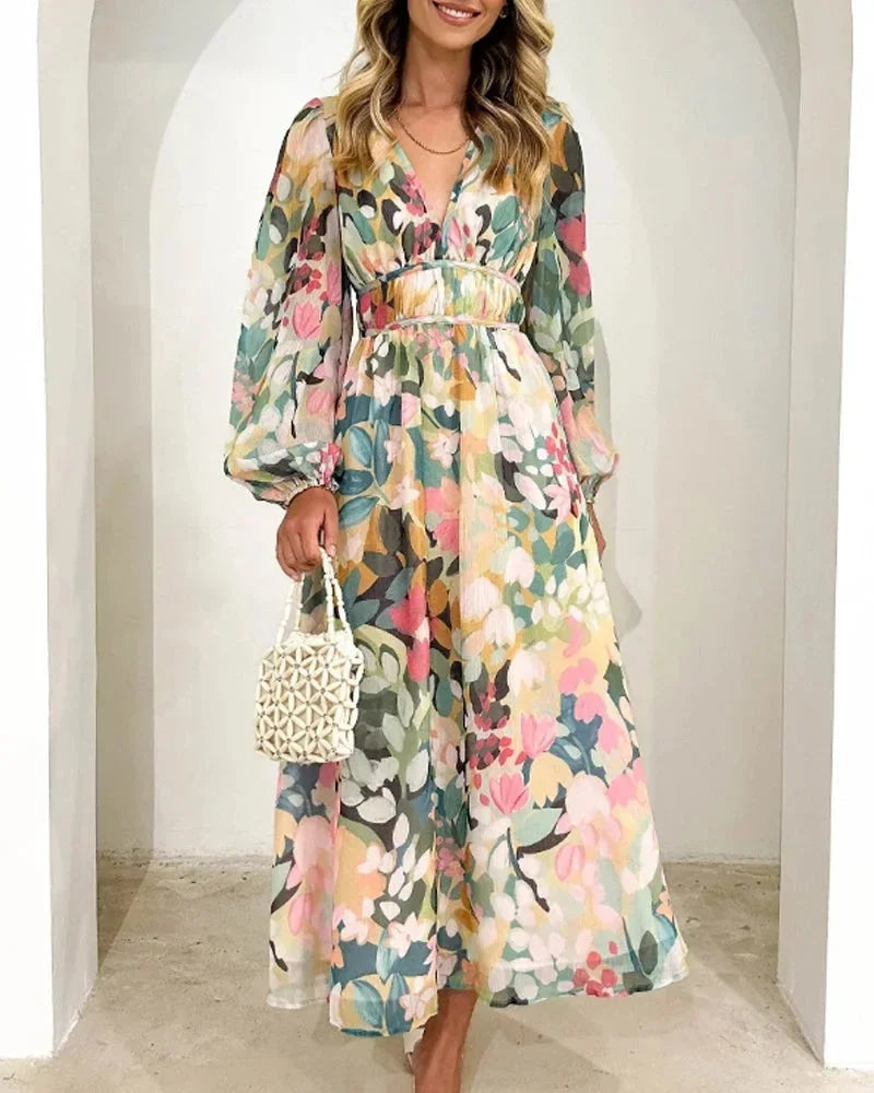 Women’s Floral V-Neck Maxi Dress with Flowing Long Sleeves