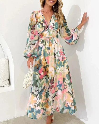 Women’s Floral V-Neck Maxi Dress with Flowing Long Sleeves