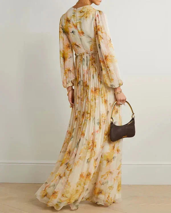 Beige Floral Maxi Dress with V-Neckline and Slit