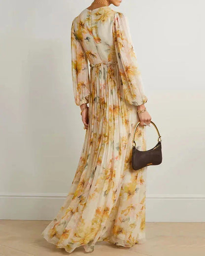 Women’s Floral Deep V-Neck Maxi Dress with High Slit and Flowing Sleeves