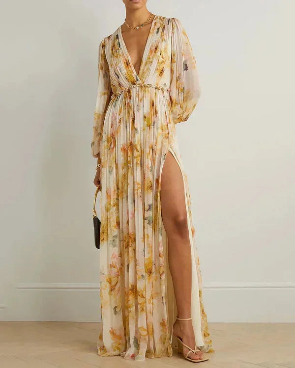 Beige Floral Maxi Dress with V-Neckline and Slit