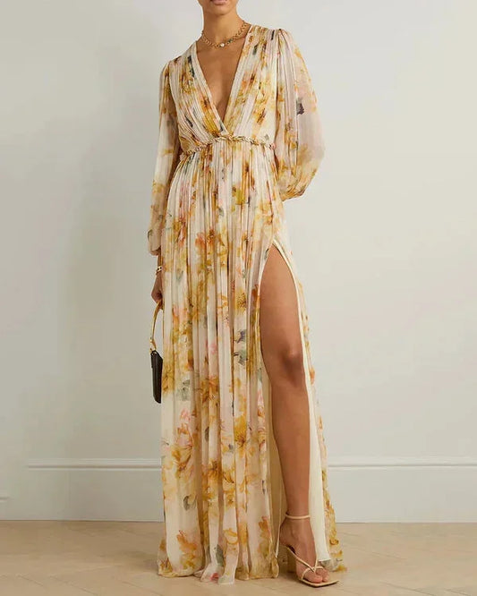 Beige Floral Maxi Dress with V-Neckline and Slit
