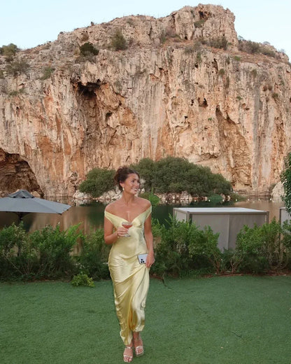 Yellow Satin Off-Shoulder Maxi Dress for Women