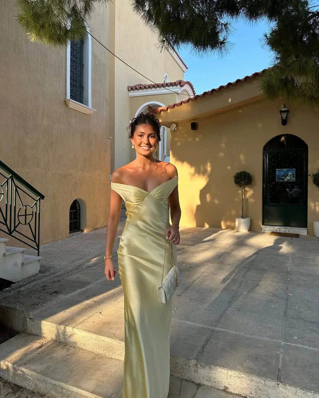 Yellow Satin Off-Shoulder Maxi Dress for Women