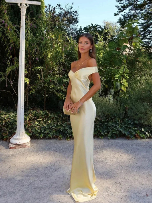 Yellow Satin Off-Shoulder Maxi Dress for Women