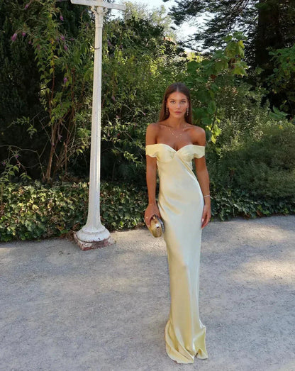 Yellow Satin Off-Shoulder Maxi Dress for Women
