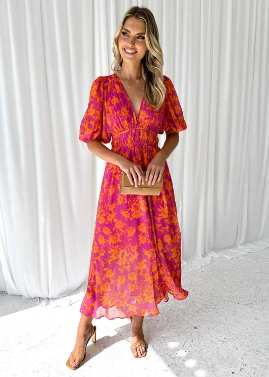 Women’s Floral Flowy V-Neck Midi Dress