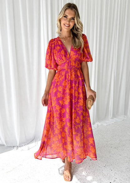 Women’s Floral Flowy V-Neck Midi Dress