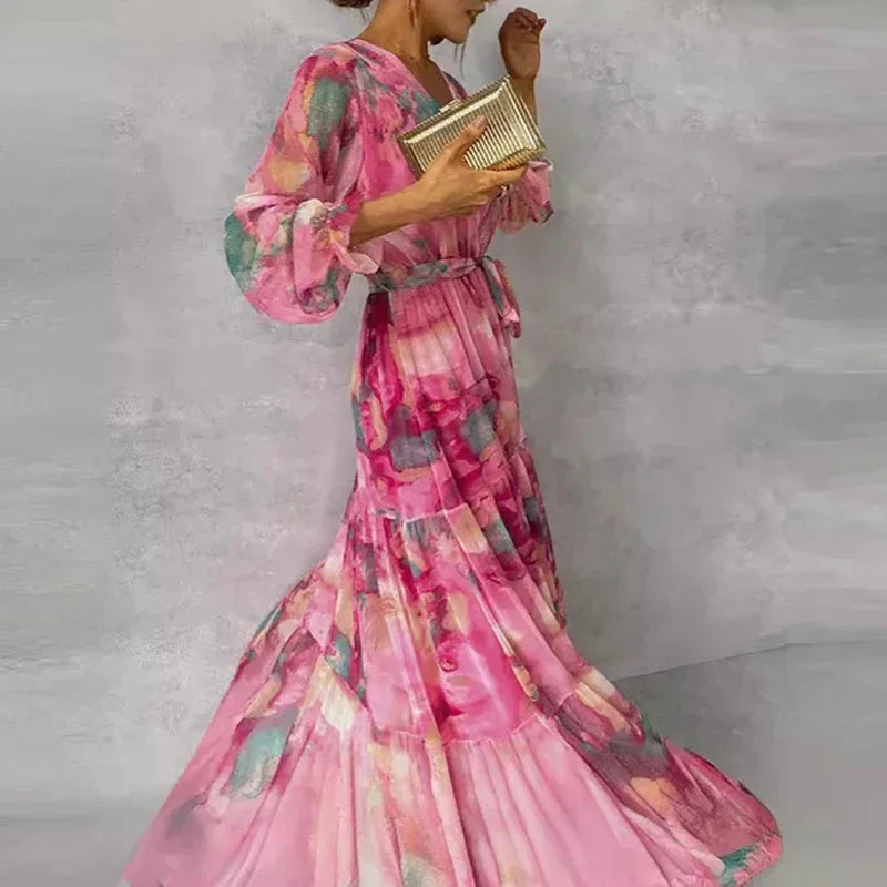 Women’s Floral Flowing Maxi Dress with Long Sleeves