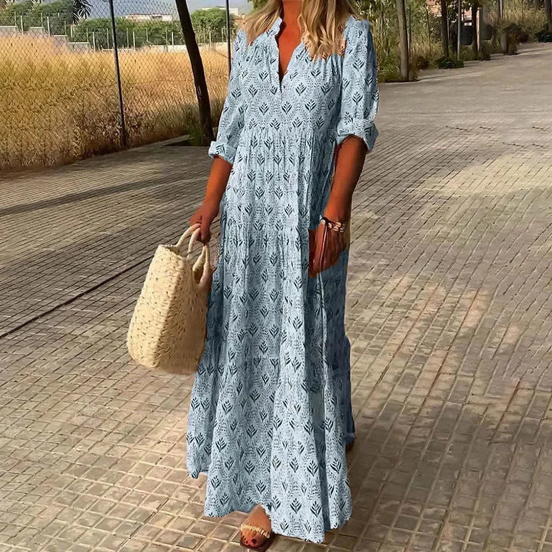 Bohemian V-Neck Maxi Dress with Long Sleeves for Women