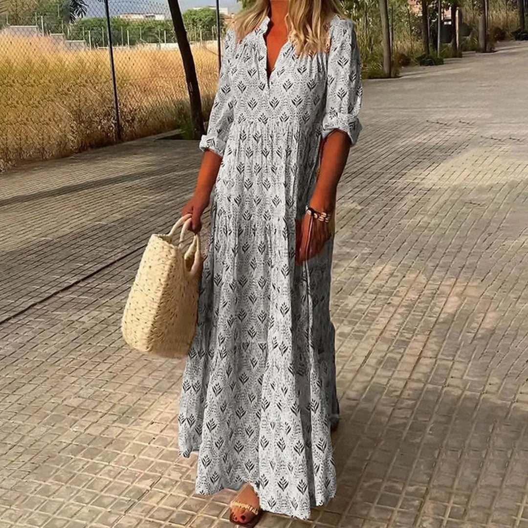 Bohemian V-Neck Maxi Dress with Long Sleeves for Women