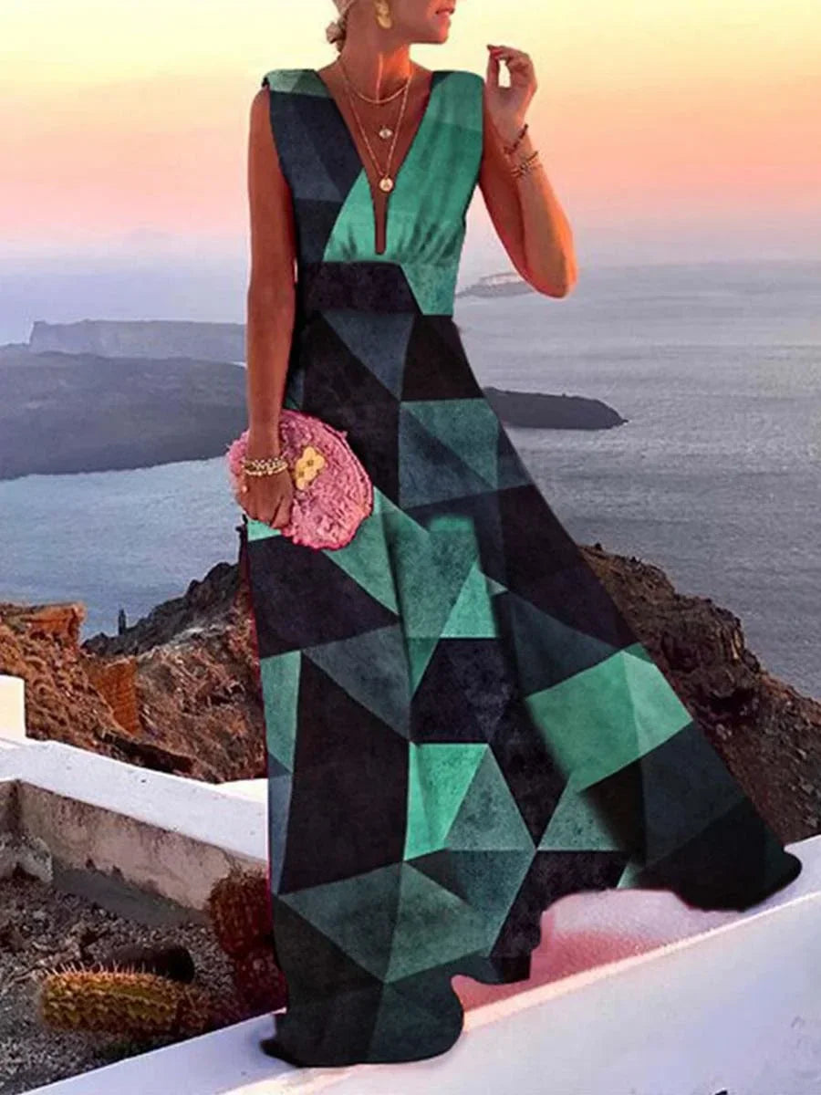 Women’s Sleeveless Deep V-Neck Maxi Dress with Flowing Silhouette